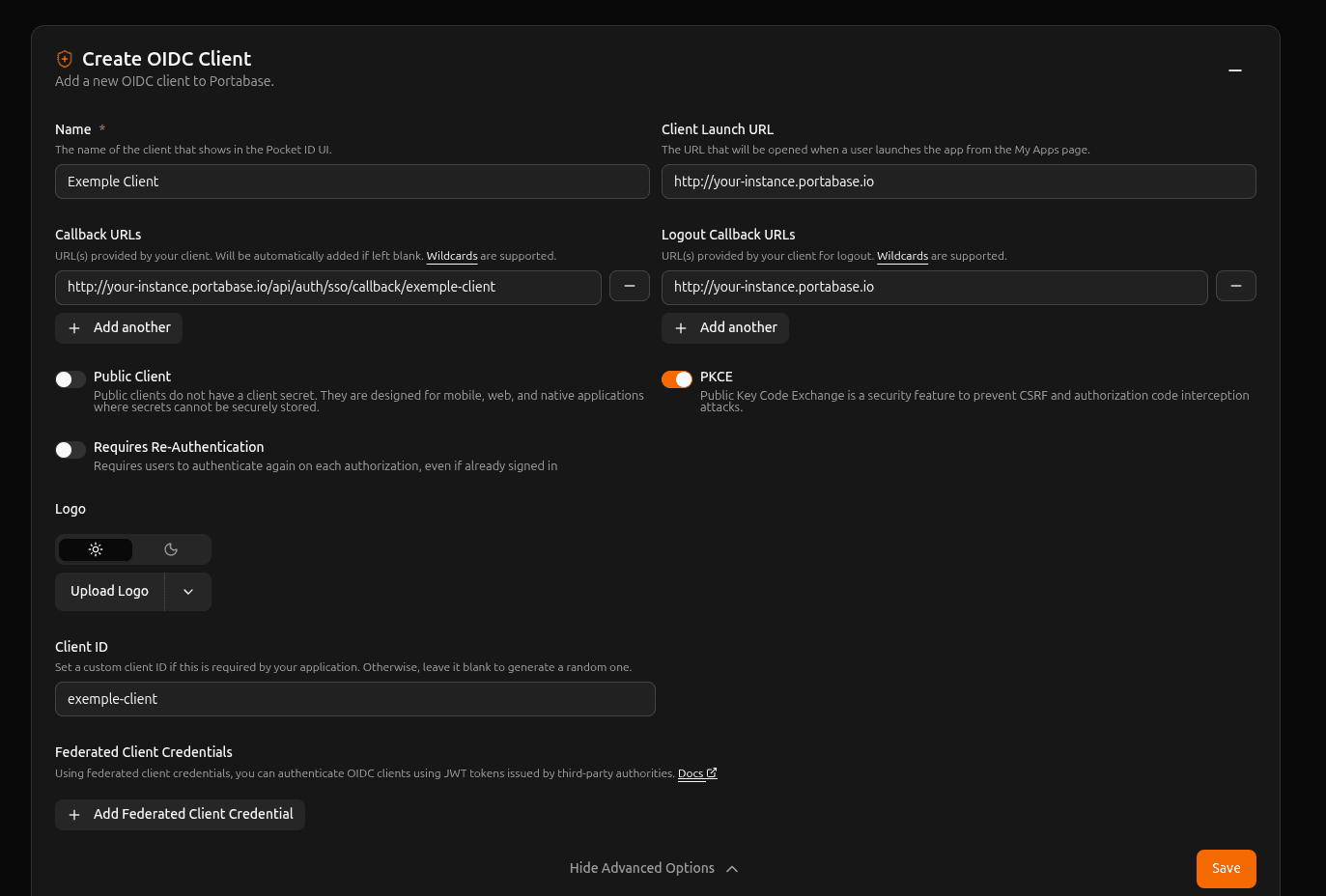 PocketID application configuration
