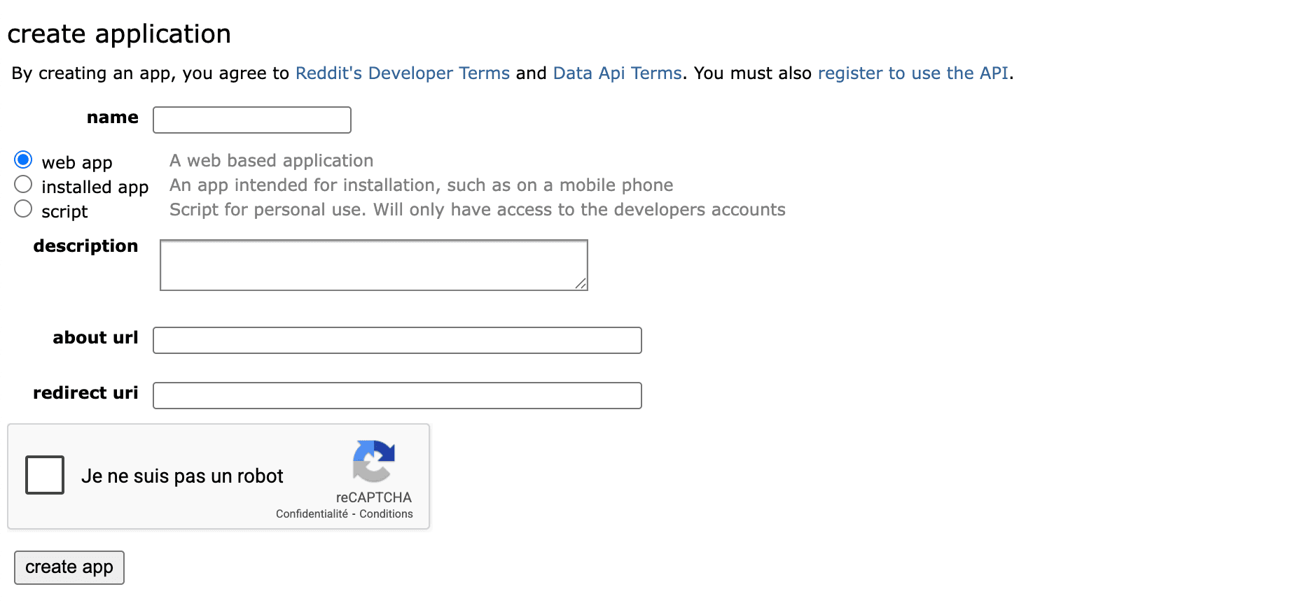 Reddit - Create application