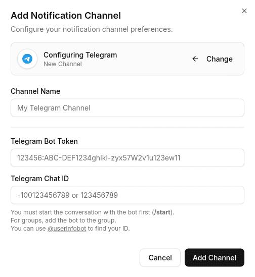 Telegram channel configuration