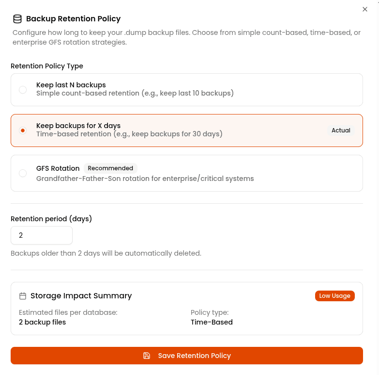 Backup retention policy configuration