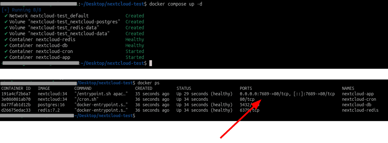 Output of the docker compose up command for Nextcloud