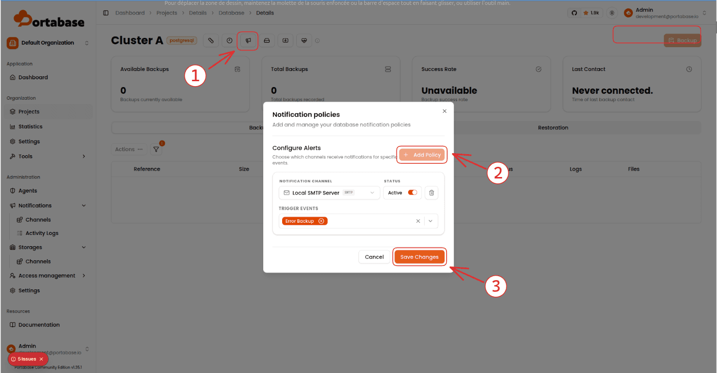 Configuring a notification policy for backup errors in Portabase
