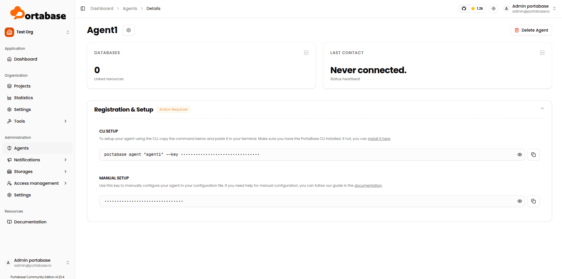 Portabase agent configuration screen