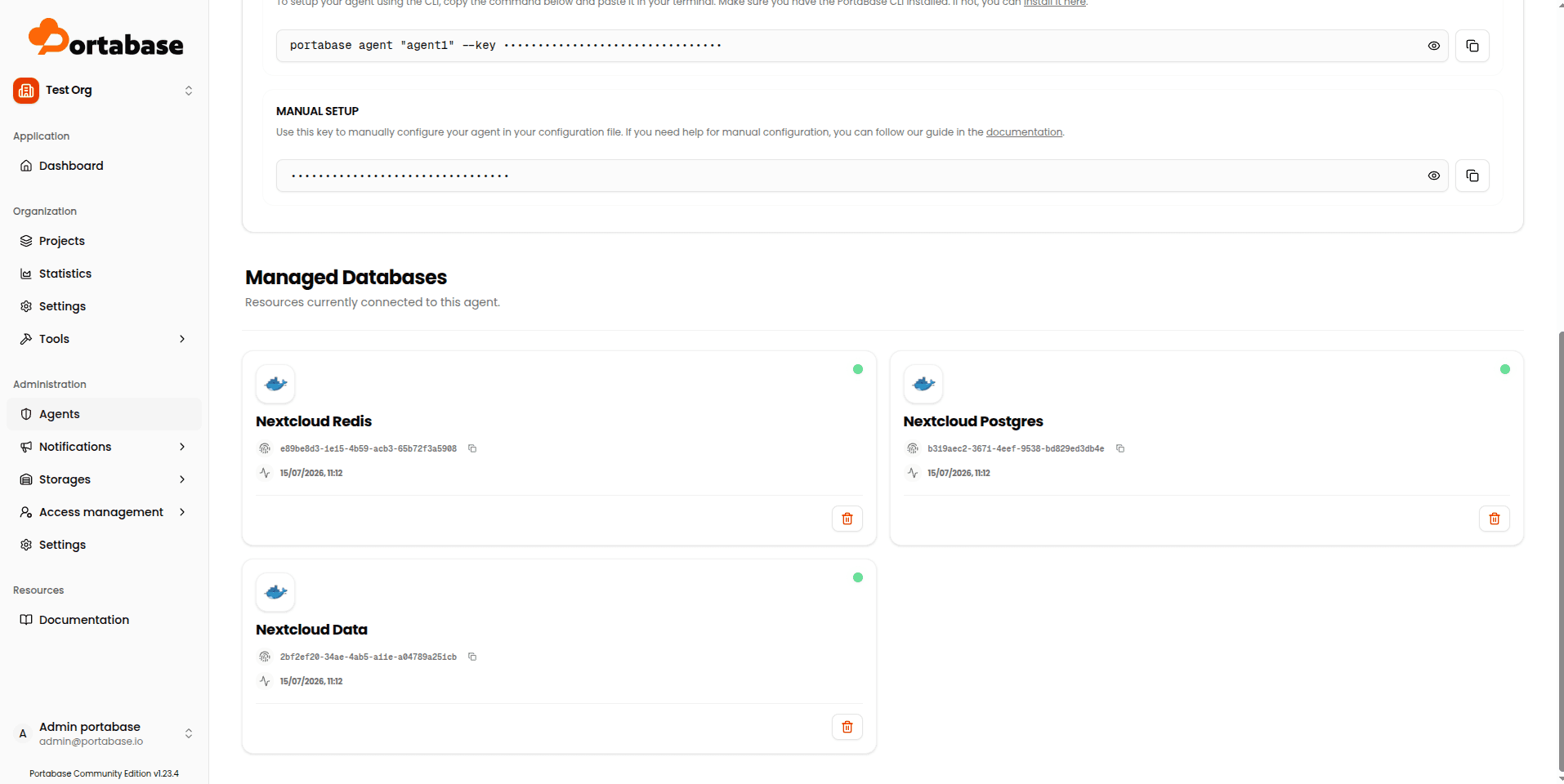 Connected agent showing the managed database