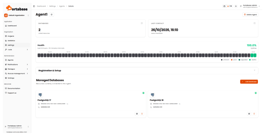 Portabase agent managing the PostgreSQL 17 and PostgreSQL 18 databases