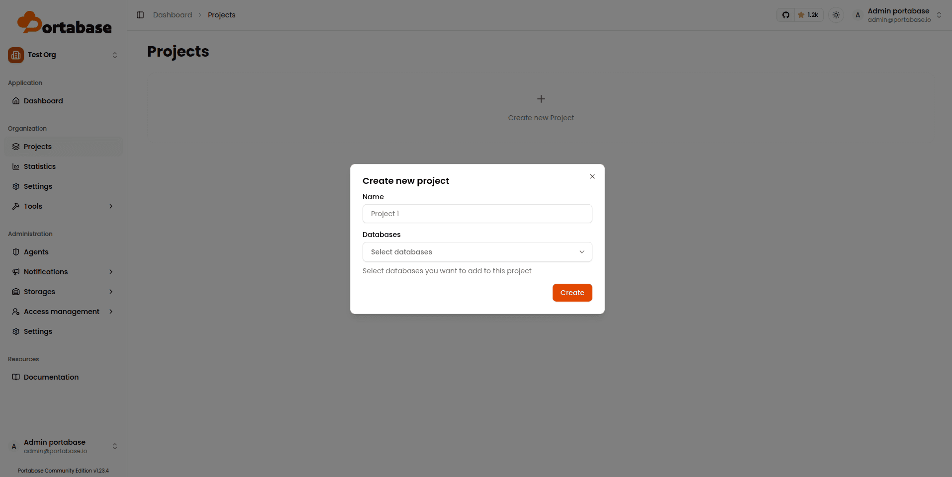 Creating a new project in Portabase