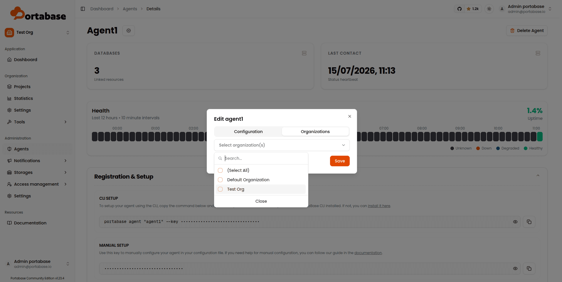 Linking the agent to an organization in Portabase