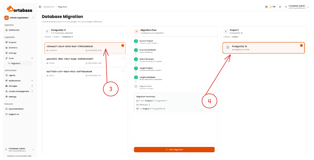 Selecting the PostgreSQL 17 backup and the PostgreSQL 18 target