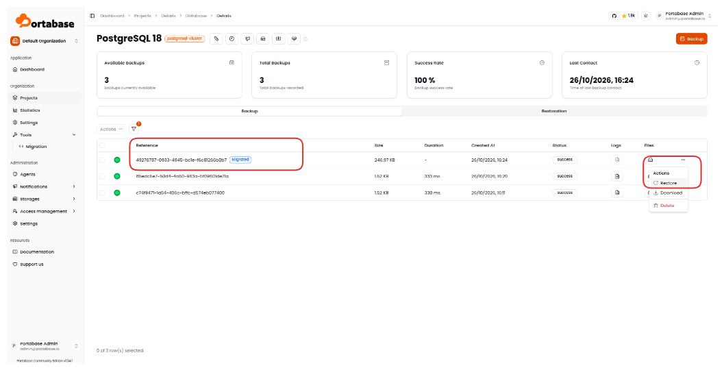 Migrated backup in PostgreSQL 18 and the Restore action