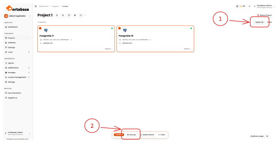 Selecting both databases in the project and starting a backup