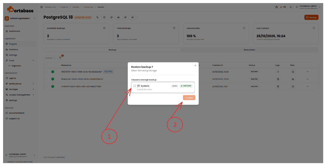 Restore dialog: choosing the storage and confirming
