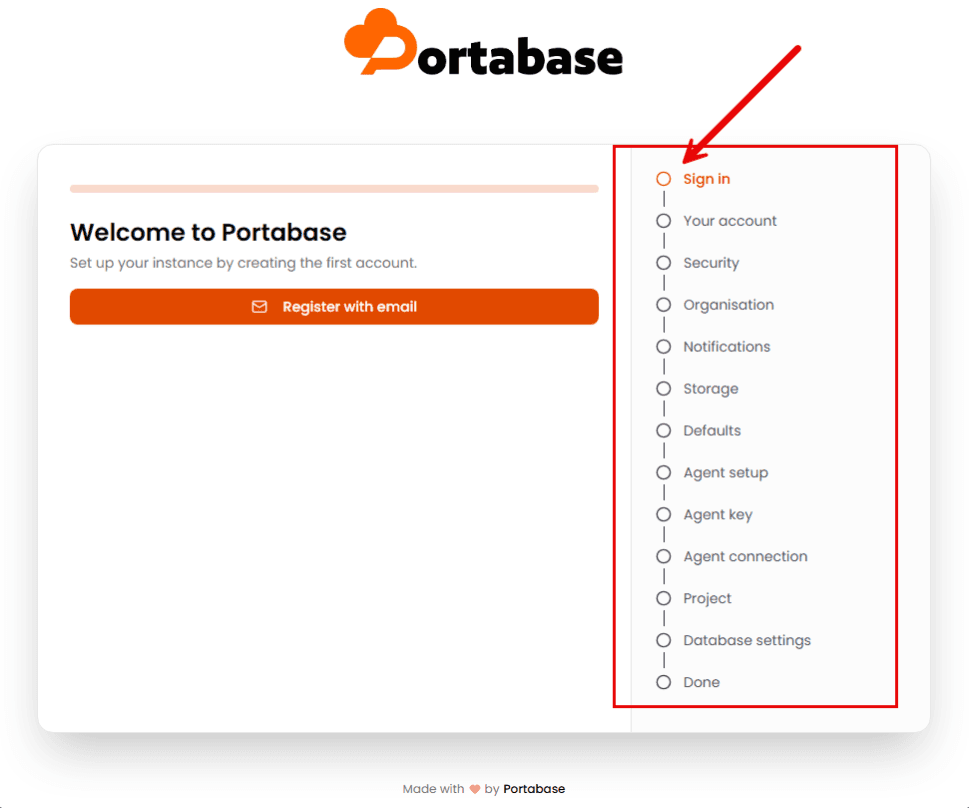 Start of the Portabase configuration wizard