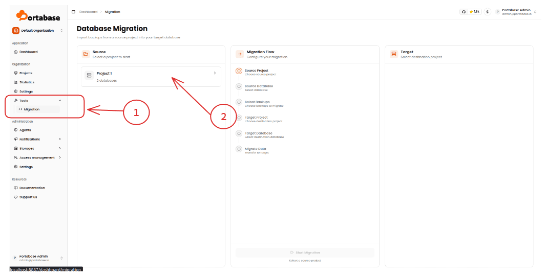 Migration tool: selecting the source project