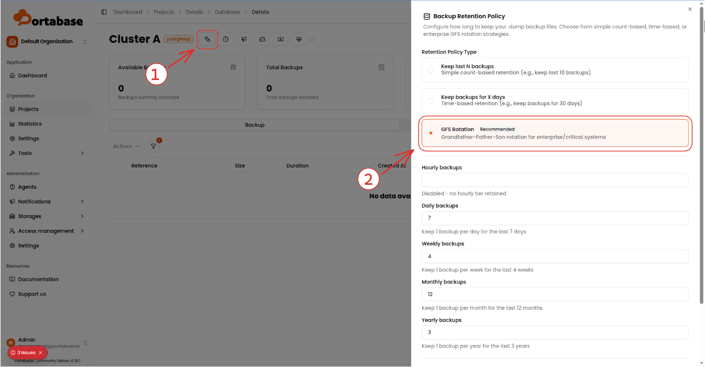 Configuring a GFS retention policy in Portabase