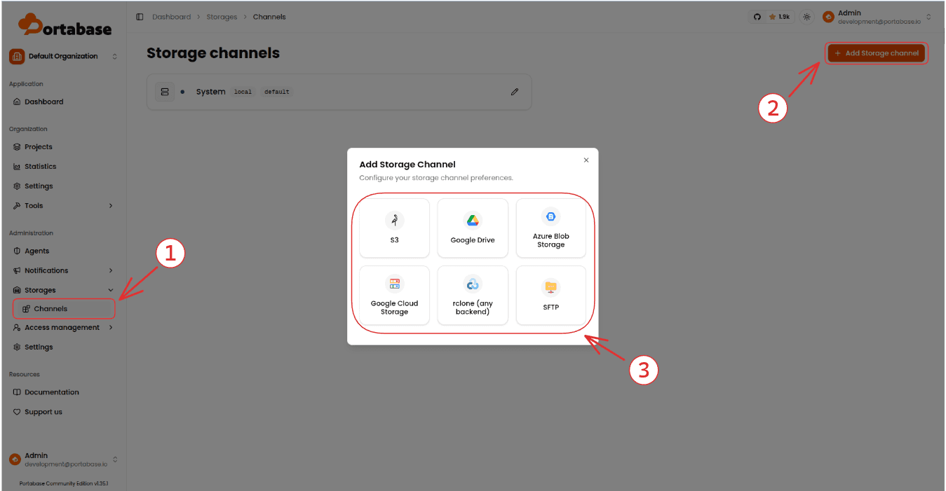 Adding a storage channel in Portabase