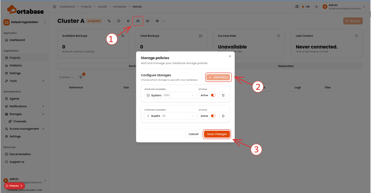 Configuring two storage policies in Portabase