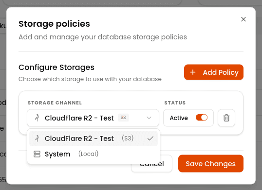 Storage policies panel