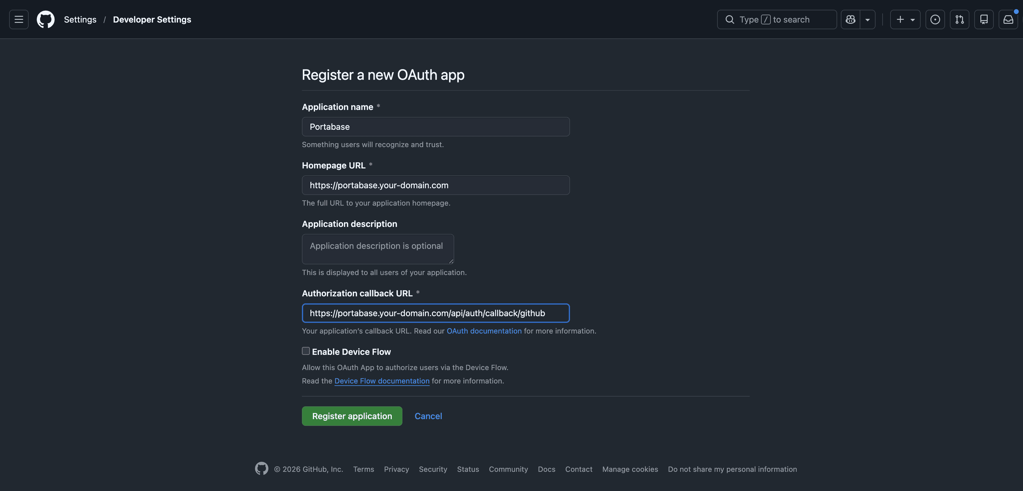GitHub OAuth app creation