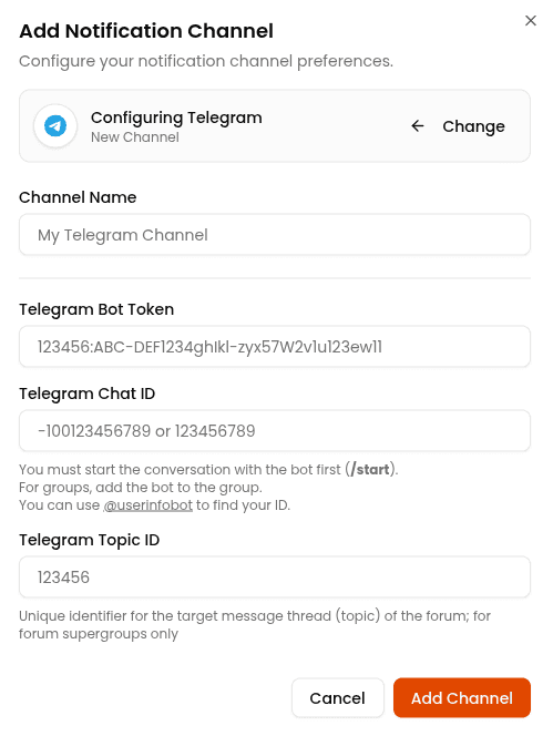 Telegram channel configuration