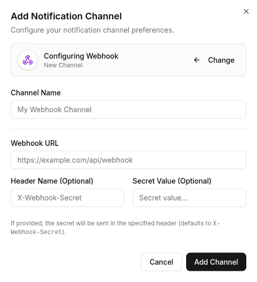 Webhook channel configuration